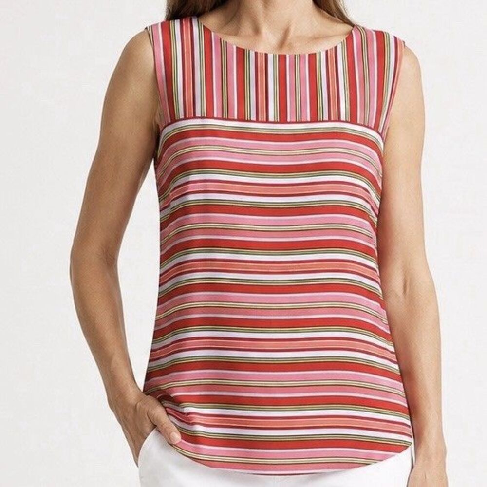 Talbots Silk Shell Blouse Womens Size 6 Pink Green Striped Lined Sleeveless Top